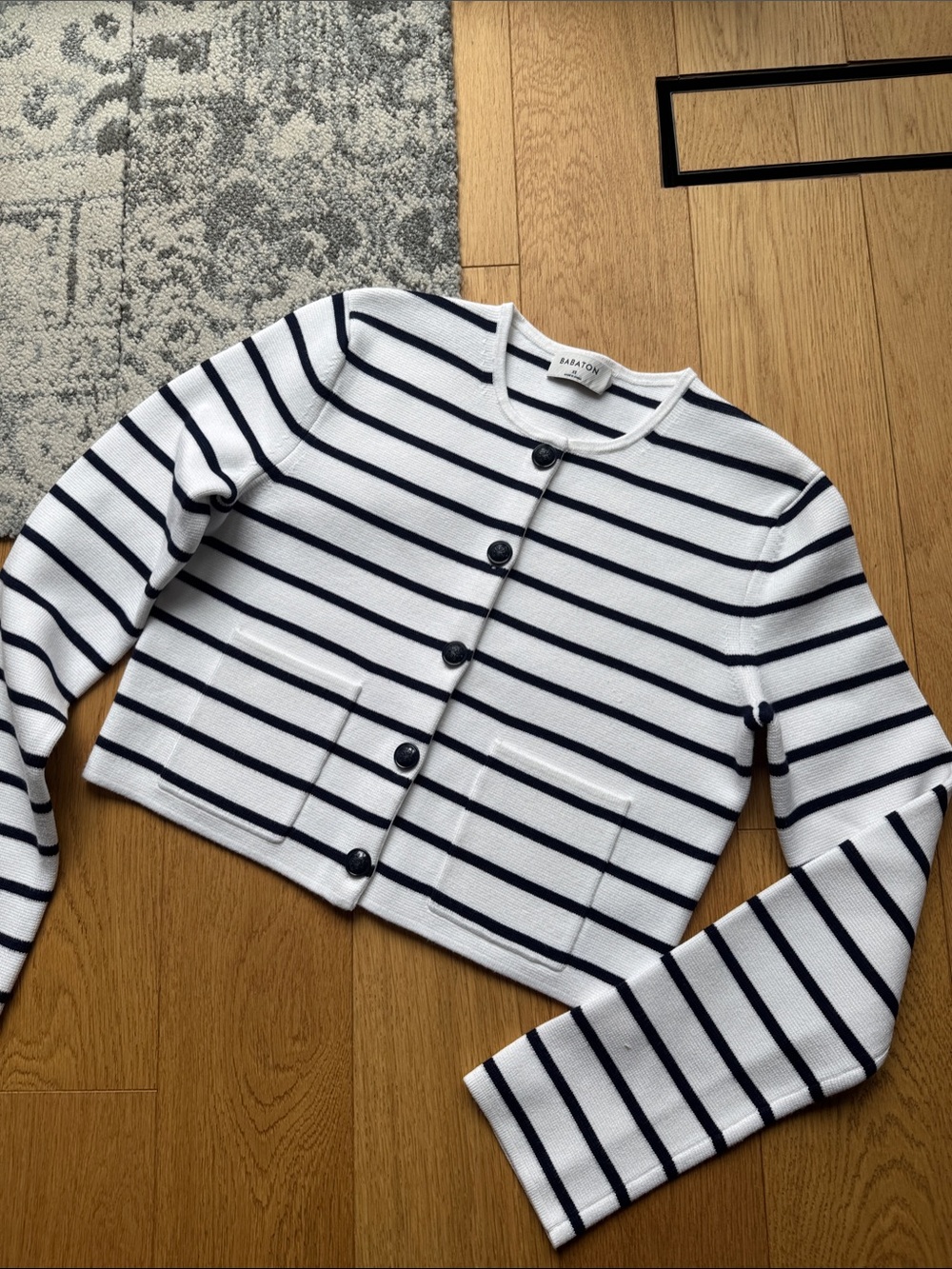 Babaton Noteable striped Navy & White Cropped Cardigan Jacket